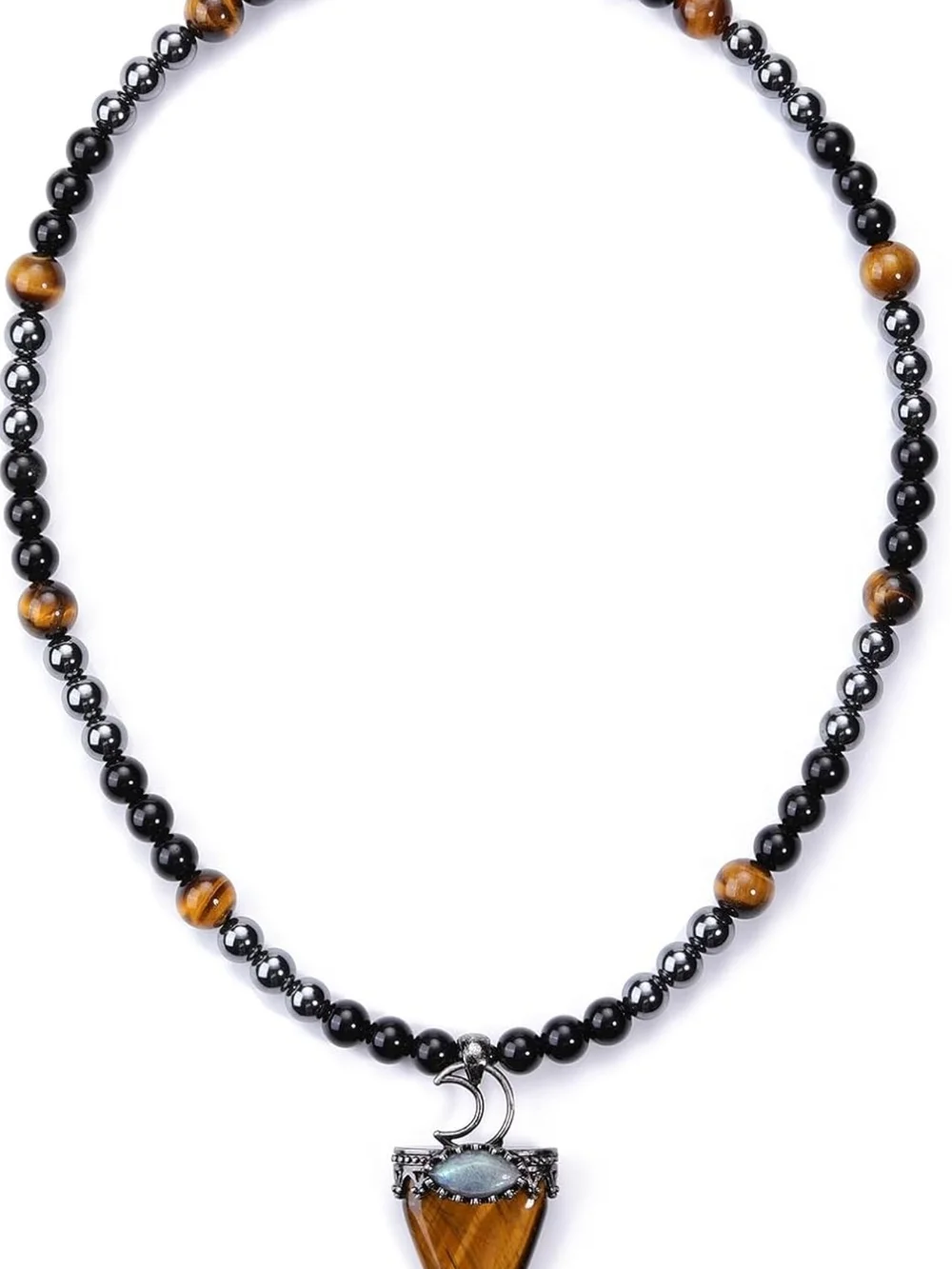 Tiger Eye and Black Bead Pendant Necklace - Women Jewelry